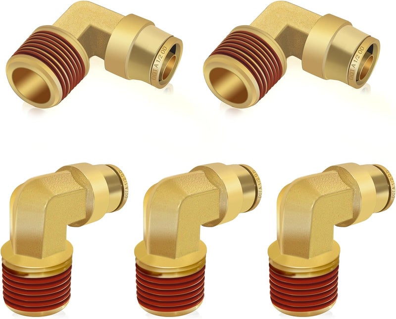 Siptenk 1/2" Elbow DOT Brass Push to Connect Air Line Fittings 5 PCS, 1/2" OD Tube x 1/2" NPT Thread Air Brake Line Quick Connect Fittings for Truck Trailers Industry Air System - Image 1
